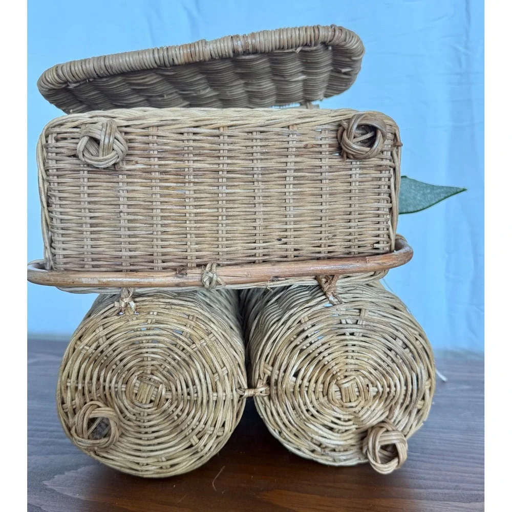 Vintage Woven Wicker Double Wine Bottle Picnic Basket Carrier with Lid Handle